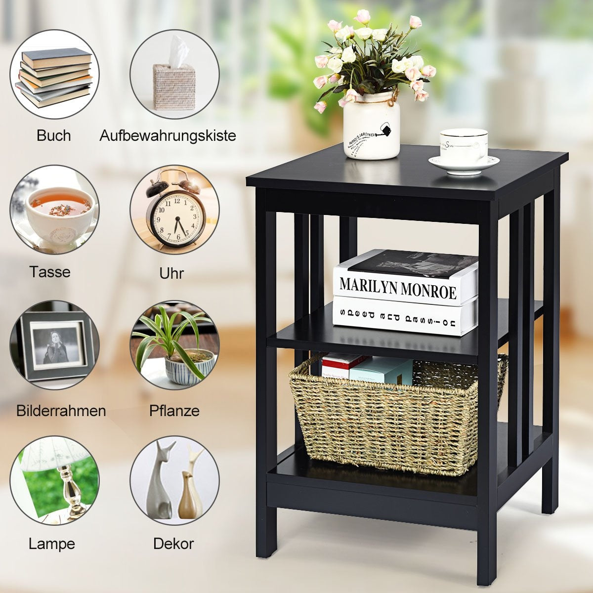 3 tier bedside table with shelf for bedroom 40x40x61cm black II-shaped