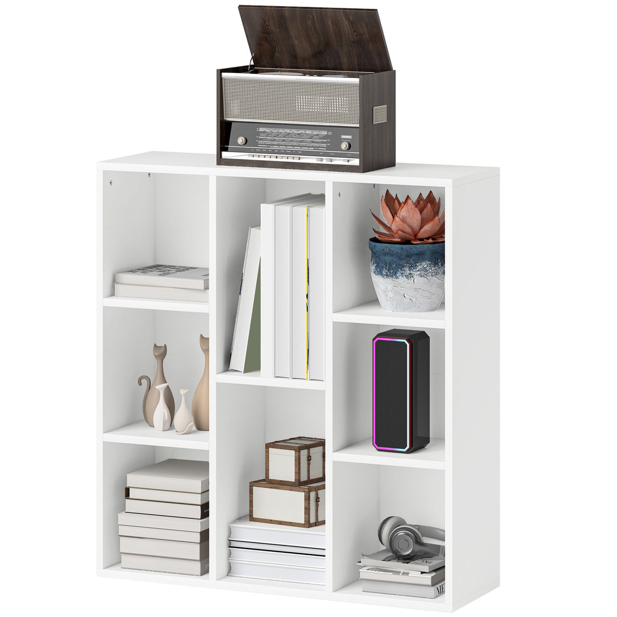 3-tier bookcase, 8 compartments, chipboard, storage shelf, white