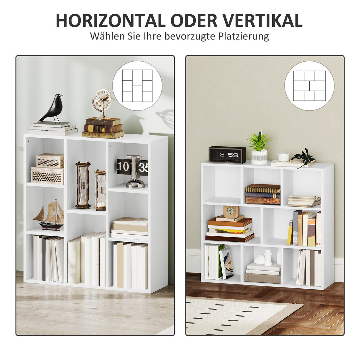 3-tier bookcase, 8 compartments, chipboard, storage shelf, white