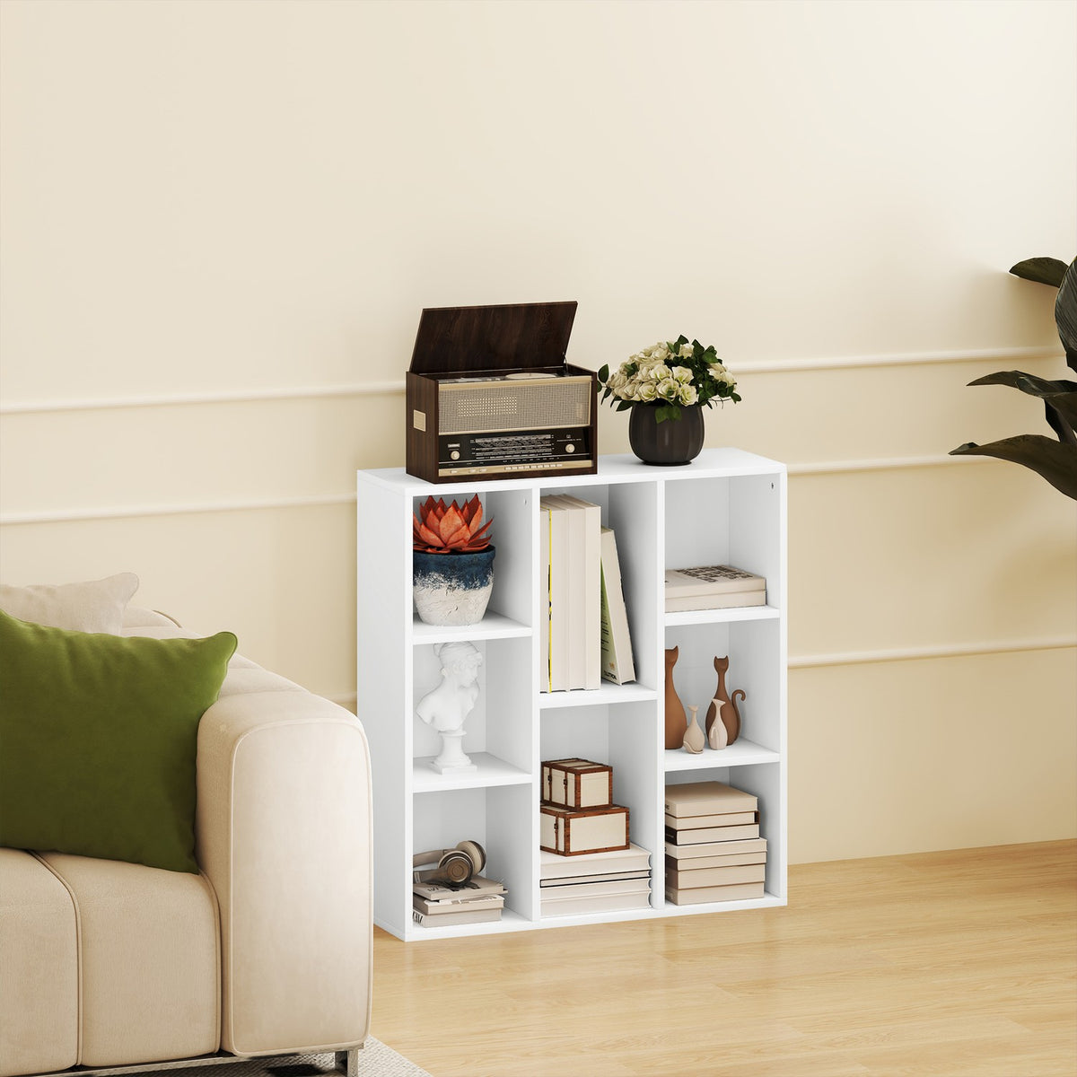 3-tier bookcase, 8 compartments, chipboard, storage shelf, white