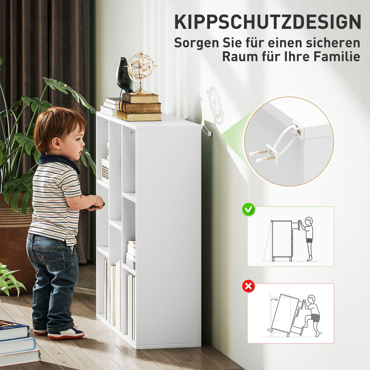 3-tier bookcase, 8 compartments, chipboard, storage shelf, white