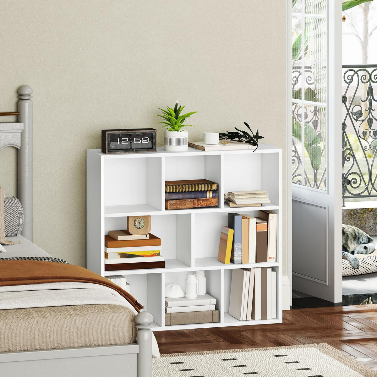 3-tier bookcase, 8 compartments, chipboard, storage shelf, white