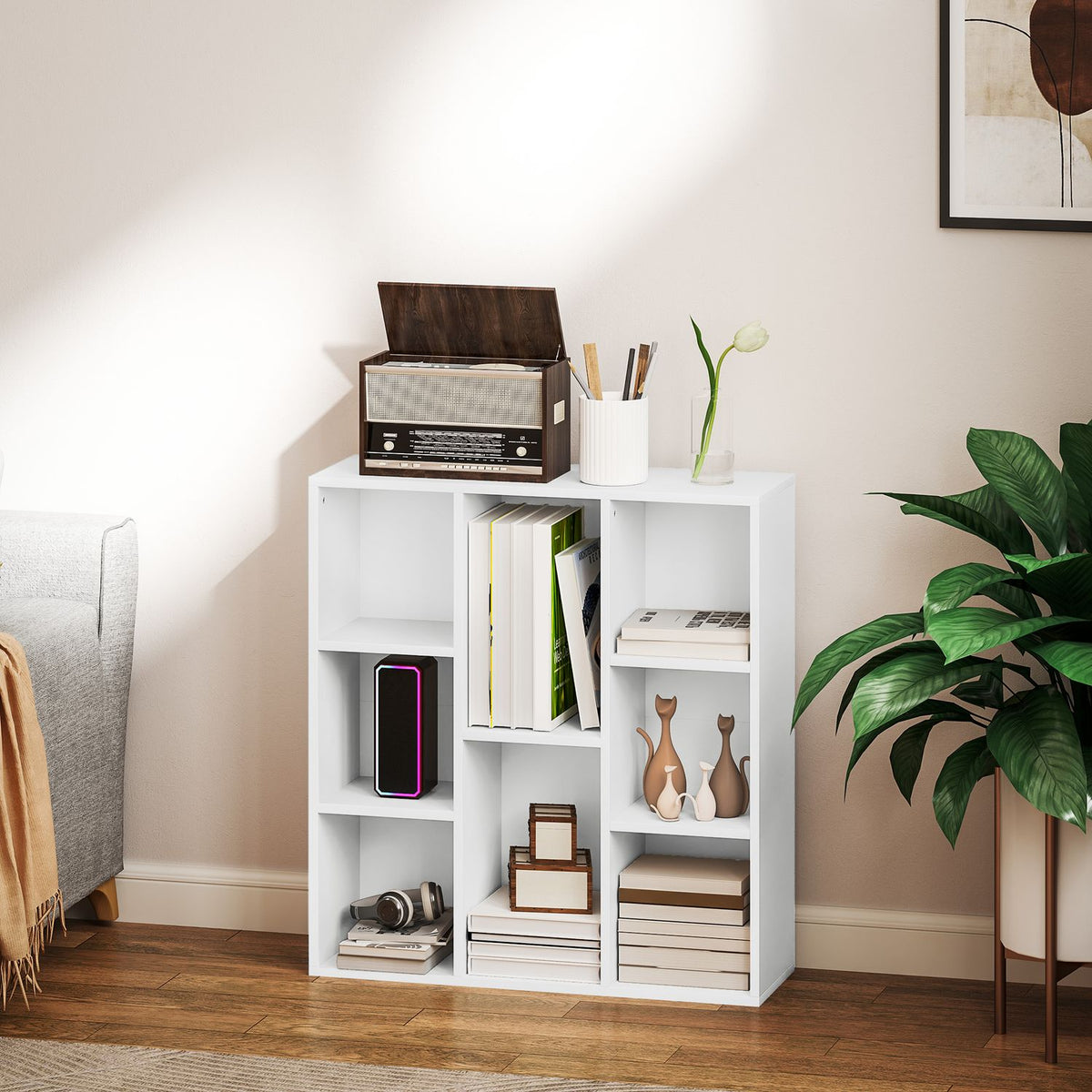 3-tier bookcase, 8 compartments, chipboard, storage shelf, white
