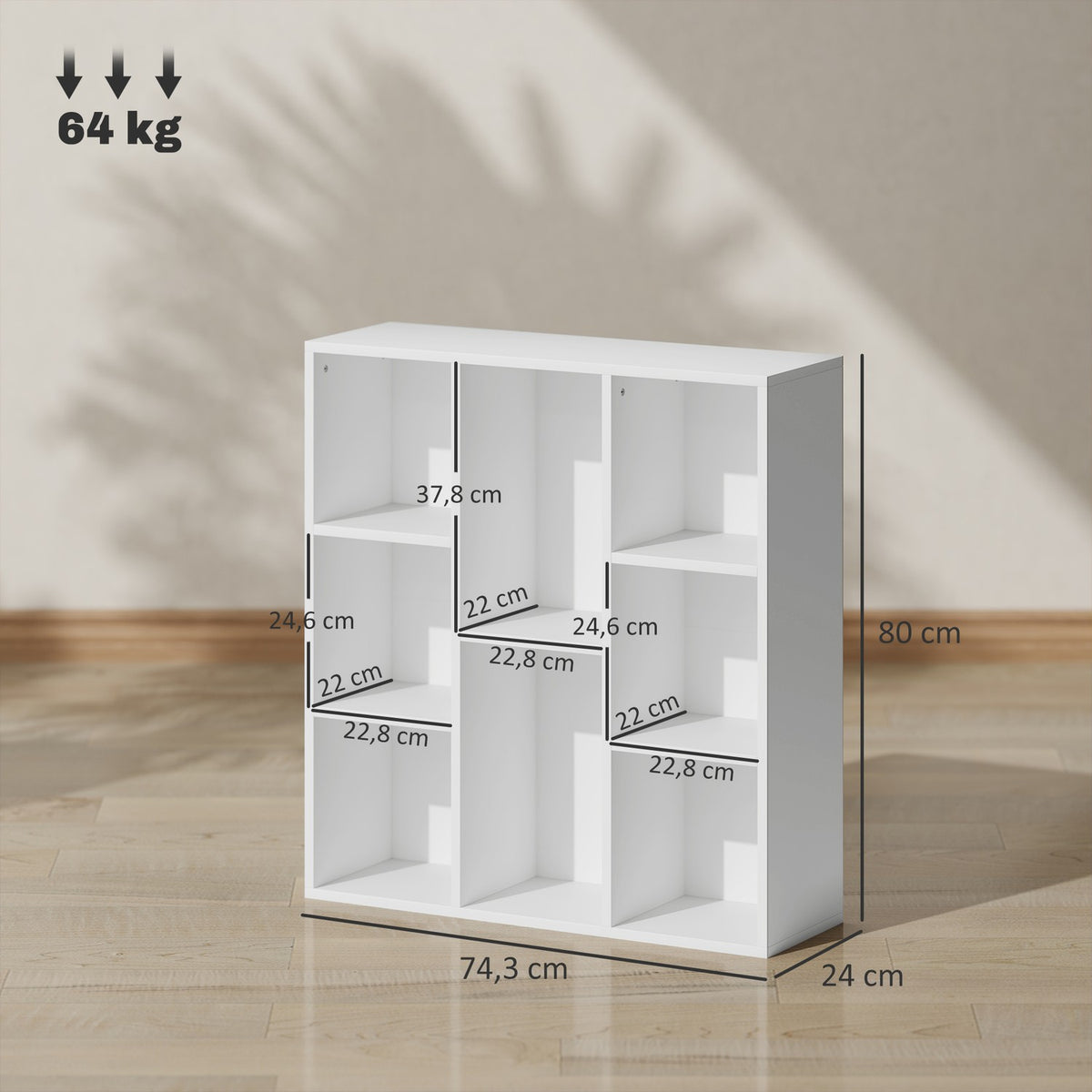 3-tier bookcase, 8 compartments, chipboard, storage shelf, white