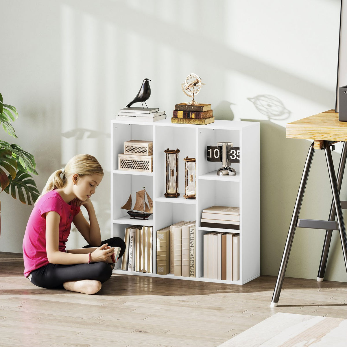 3-tier bookcase, 8 compartments, chipboard, storage shelf, white