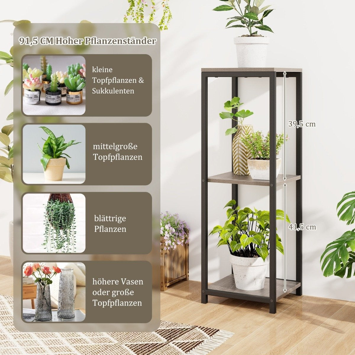 3 tier metal plant stand with anti-tip protection wooden flower stand 30.5 x 30.5 x 91.5 cm