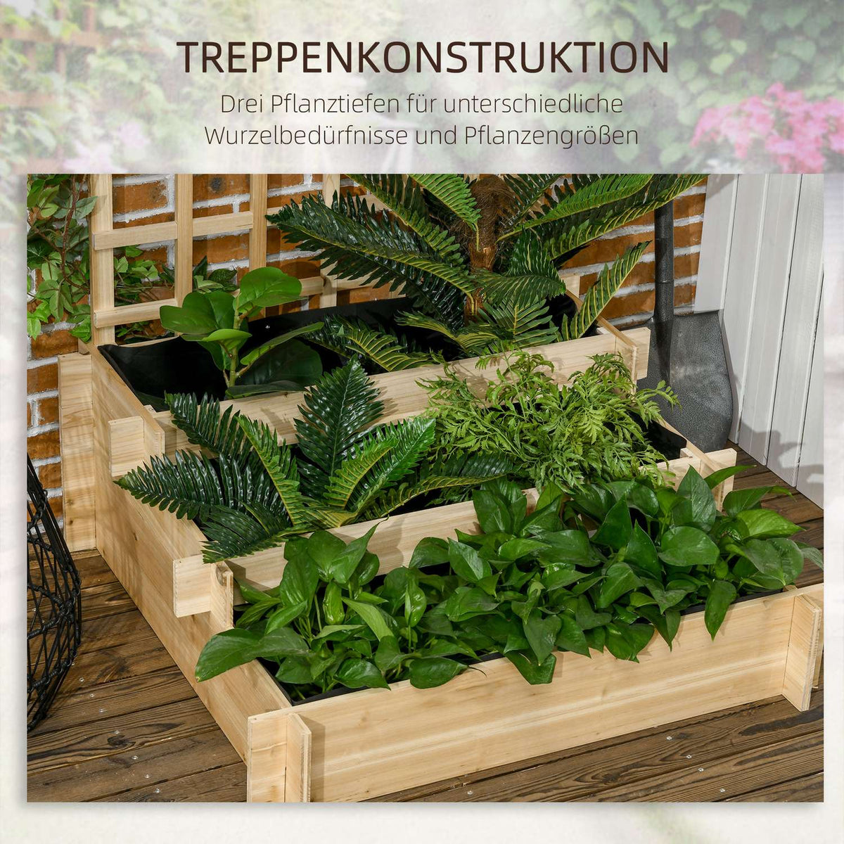 3-tier raised bed with trellis, wooden planter box, 95 x 95 x 110 cm, ideal for vegetables, flowers and herbs in the garden