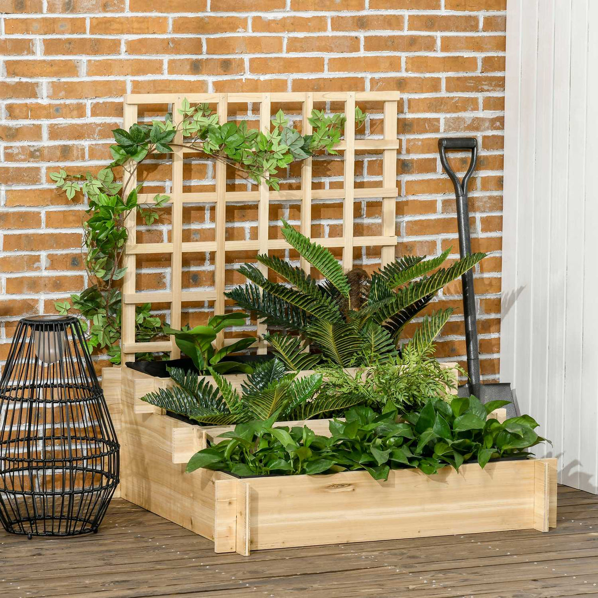 3-tier raised bed with trellis, wooden planter box, 95 x 95 x 110 cm, ideal for vegetables, flowers and herbs in the garden