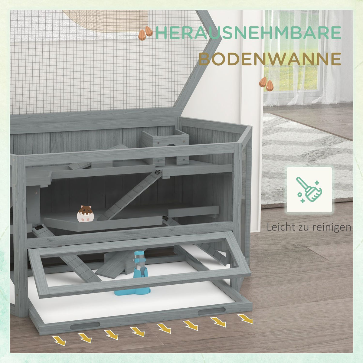 3 tier rodent cage, hexagonal small animal cage, small animal house made of wood, mouse cage, hamster cage with folding lid, viewing window, ramp, 115 x 60 x 55 cm gray