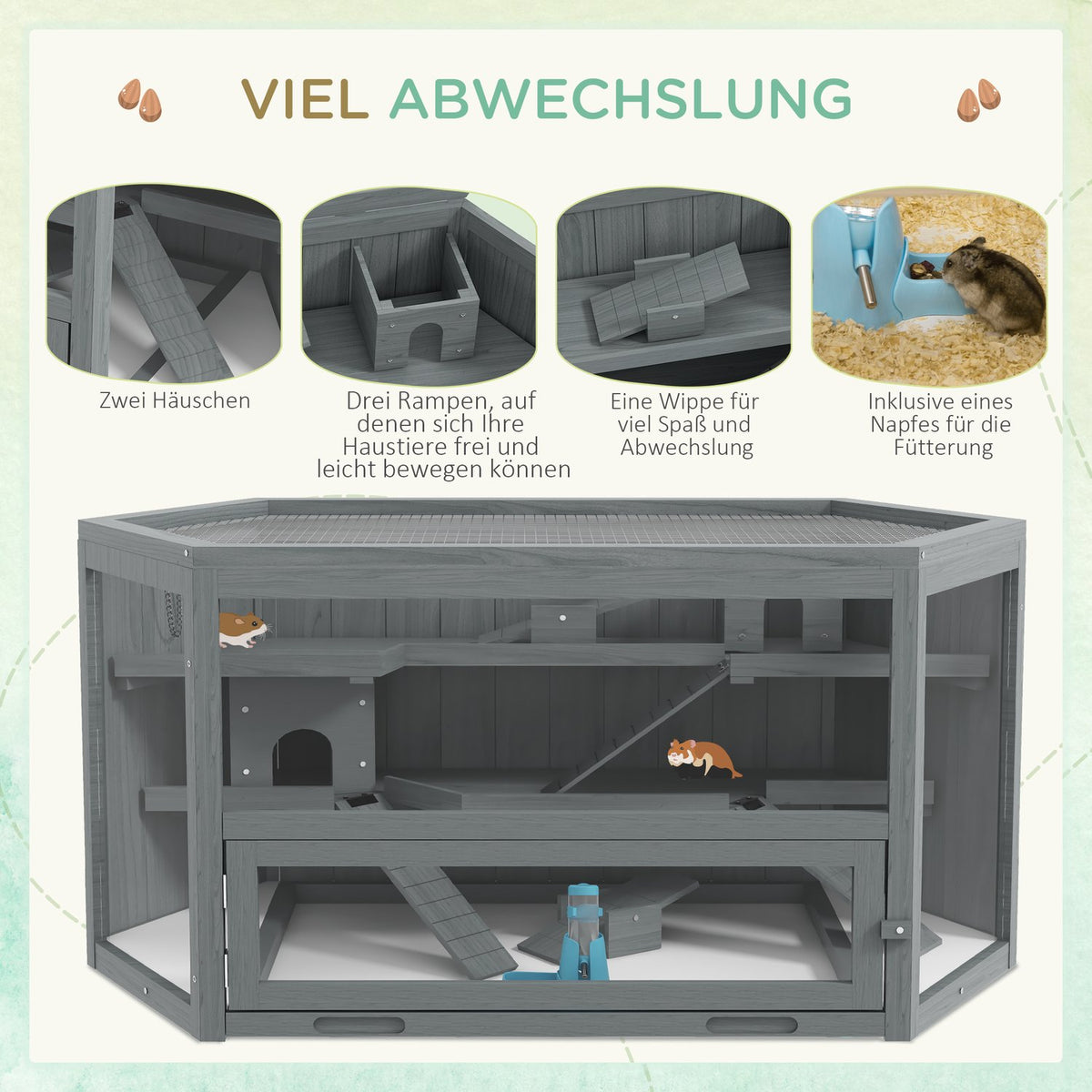 3 tier rodent cage, hexagonal small animal cage, small animal house made of wood, mouse cage, hamster cage with folding lid, viewing window, ramp, 115 x 60 x 55 cm gray