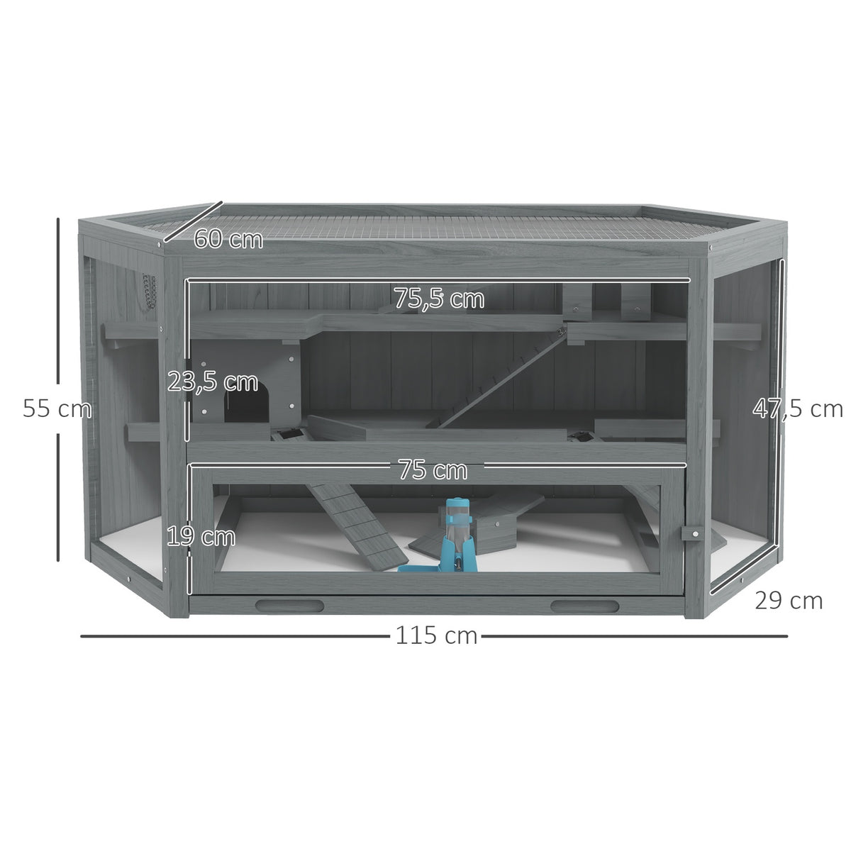 3 tier rodent cage, hexagonal small animal cage, small animal house made of wood, mouse cage, hamster cage with folding lid, viewing window, ramp, 115 x 60 x 55 cm gray
