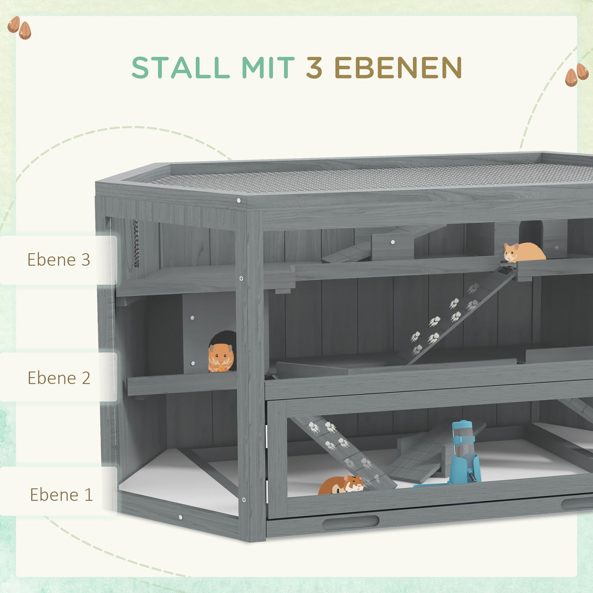 3 tier rodent cage, hexagonal small animal cage, small animal house made of wood, mouse cage, hamster cage with folding lid, viewing window, ramp, 115 x 60 x 55 cm gray