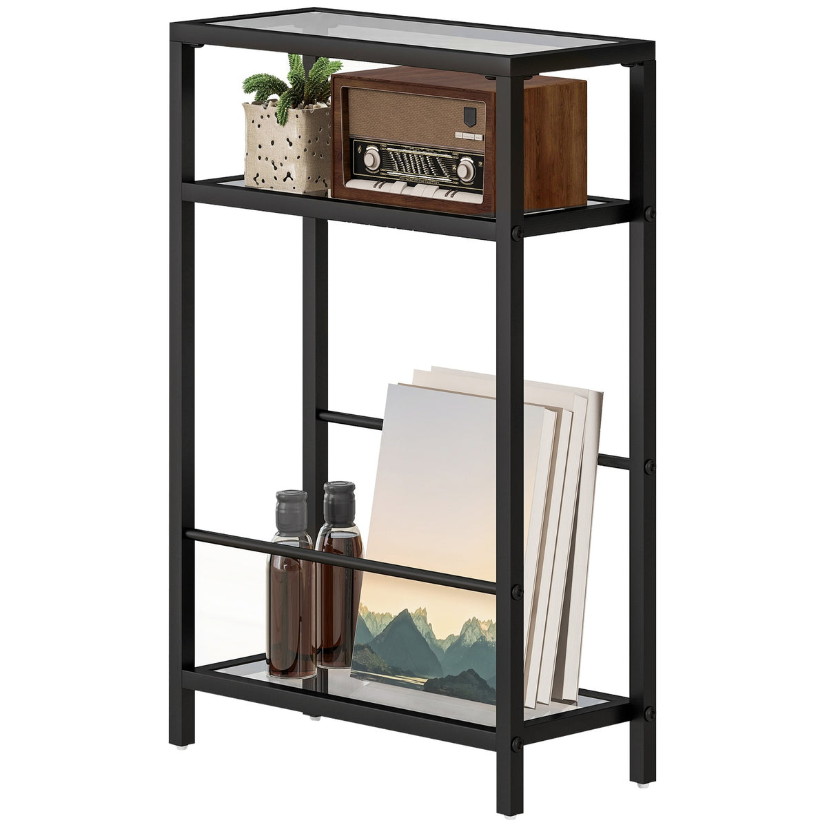 3-tier shelf with glass shelves, 18 cm wide, steel frame, crossbars, black