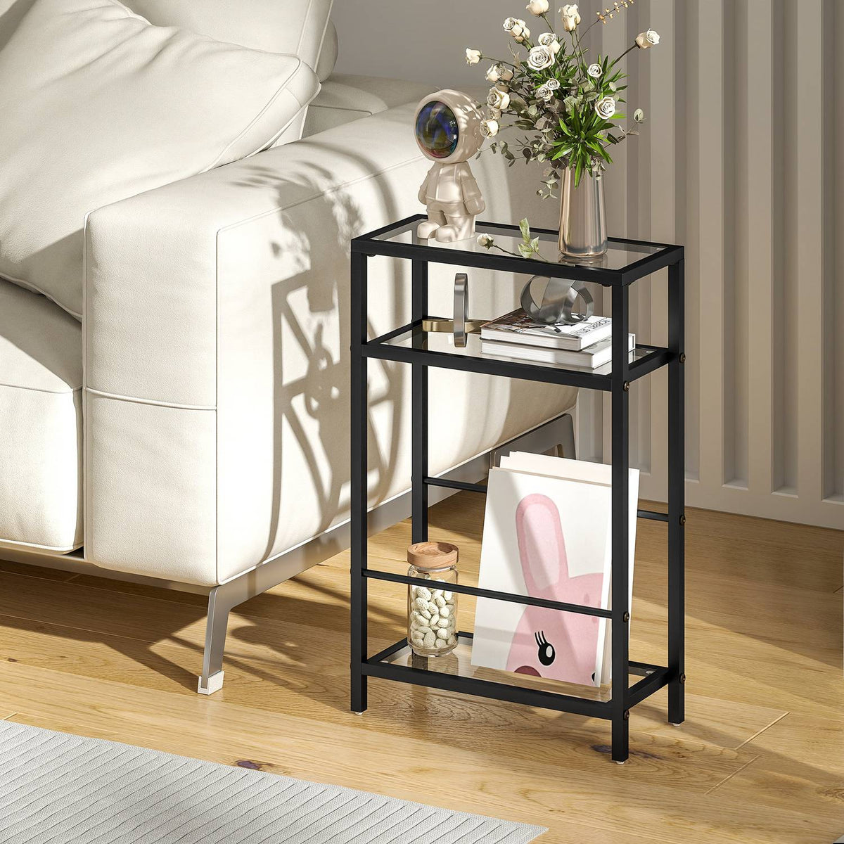 3-tier shelf with glass shelves, 18 cm wide, steel frame, crossbars, black