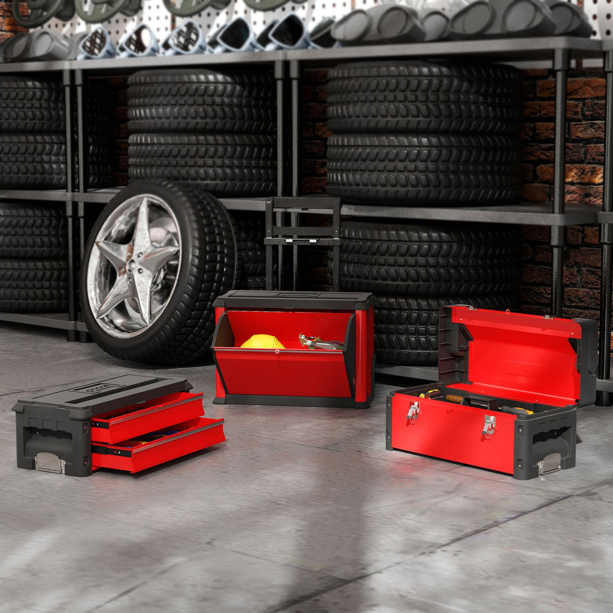 3-tier toolbox set, with wheels, interlocking, steel, plastic