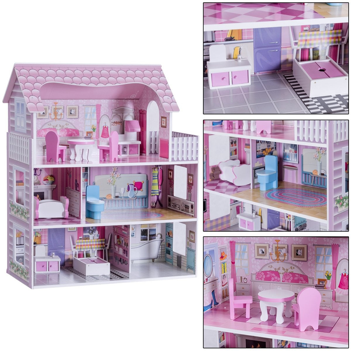 3 tier wooden dollhouse dollhouse with furniture & accessories doll villa girl pink