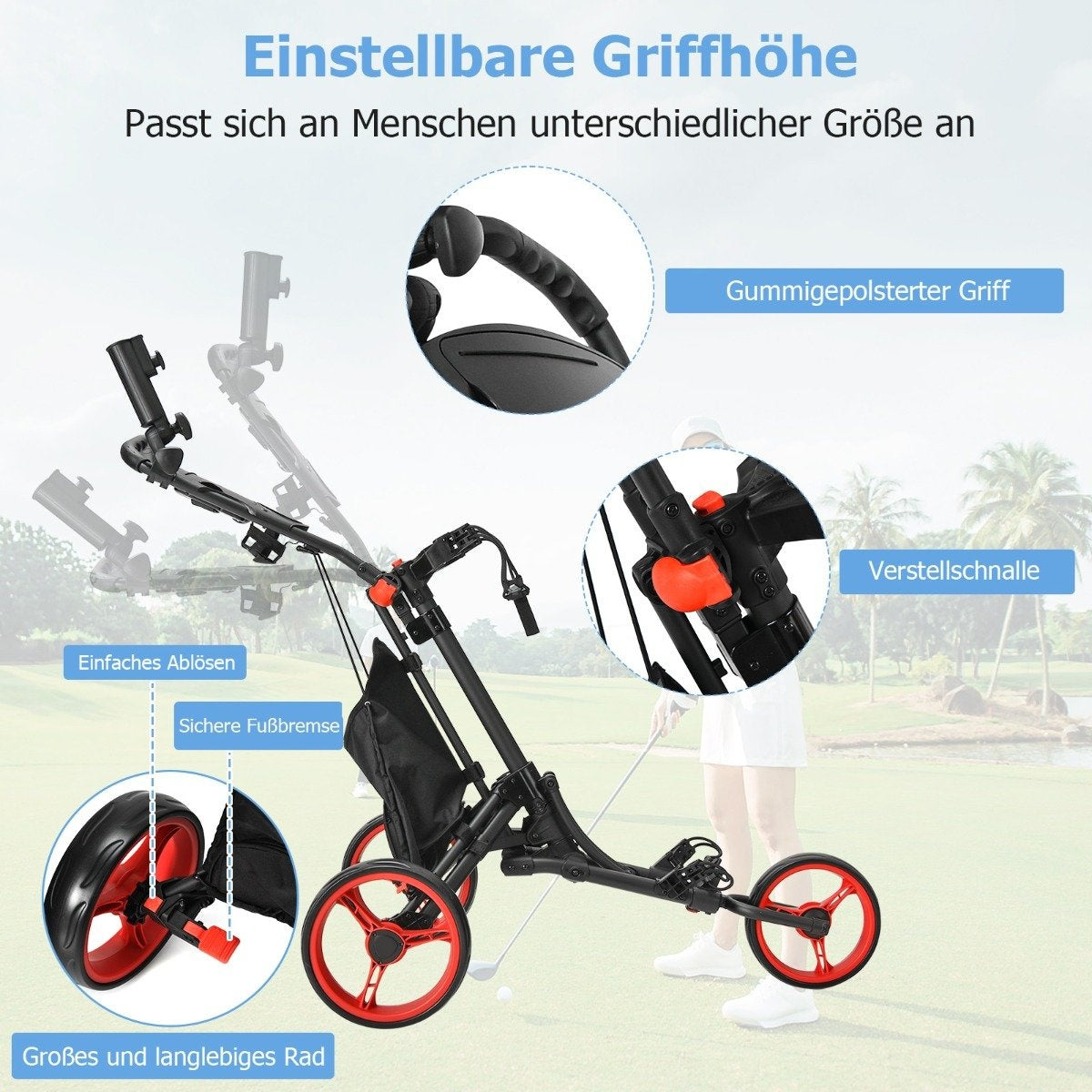 3 wheel golf trolley made of aluminum with umbrella holder & T-piece holder & storage bag