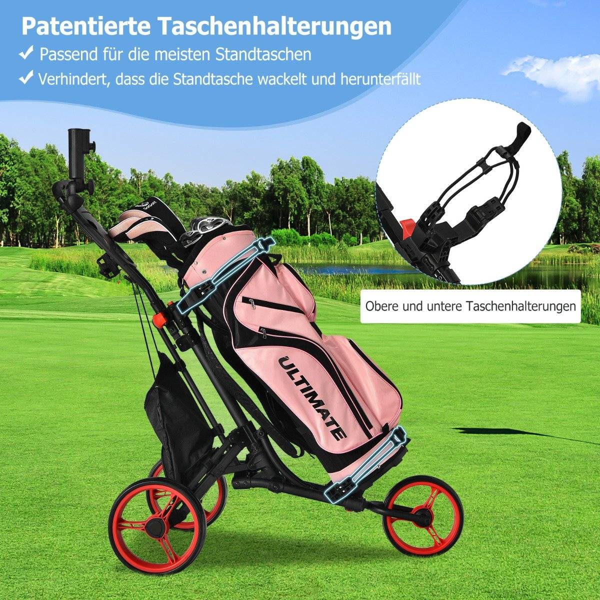 3 wheel golf trolley made of aluminum with umbrella holder & T-piece holder & storage bag