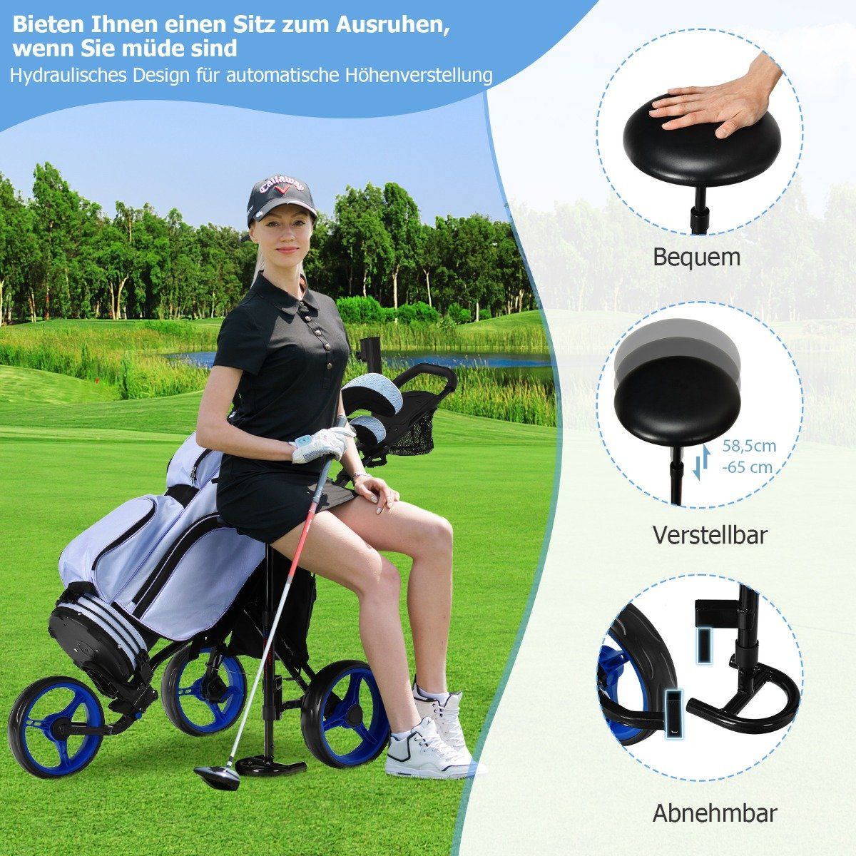 3 wheel golf trolley made of aluminum with umbrella holder & seat folding golf cart golf caddy blue