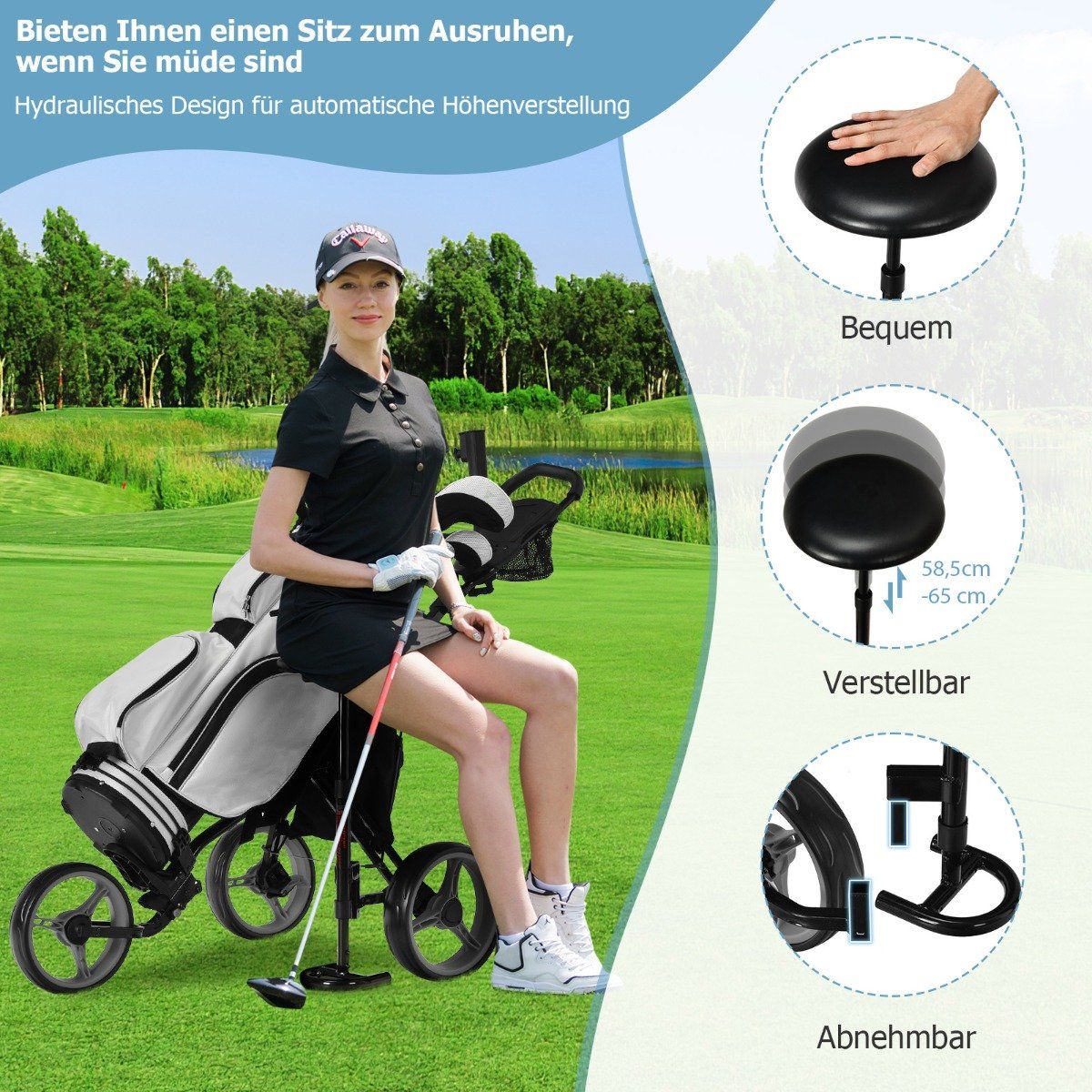 3 wheel golf trolley made of aluminum with umbrella holder & seat folding golf cart golf caddy gray