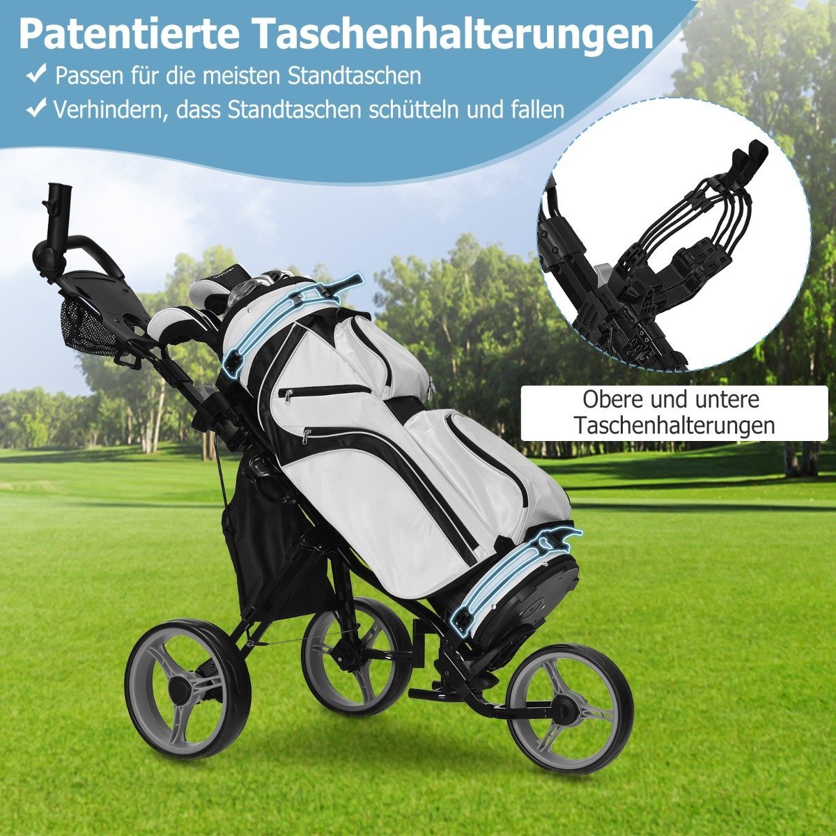 3 wheel golf trolley made of aluminum with umbrella holder & seat folding golf cart golf caddy gray