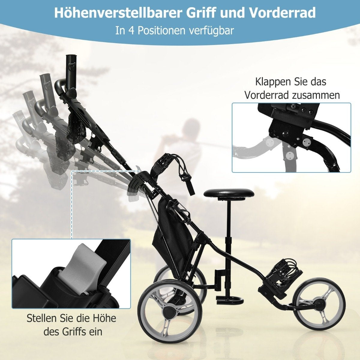 3 wheel golf trolley made of aluminum with umbrella holder & seat folding golf cart golf caddy gray