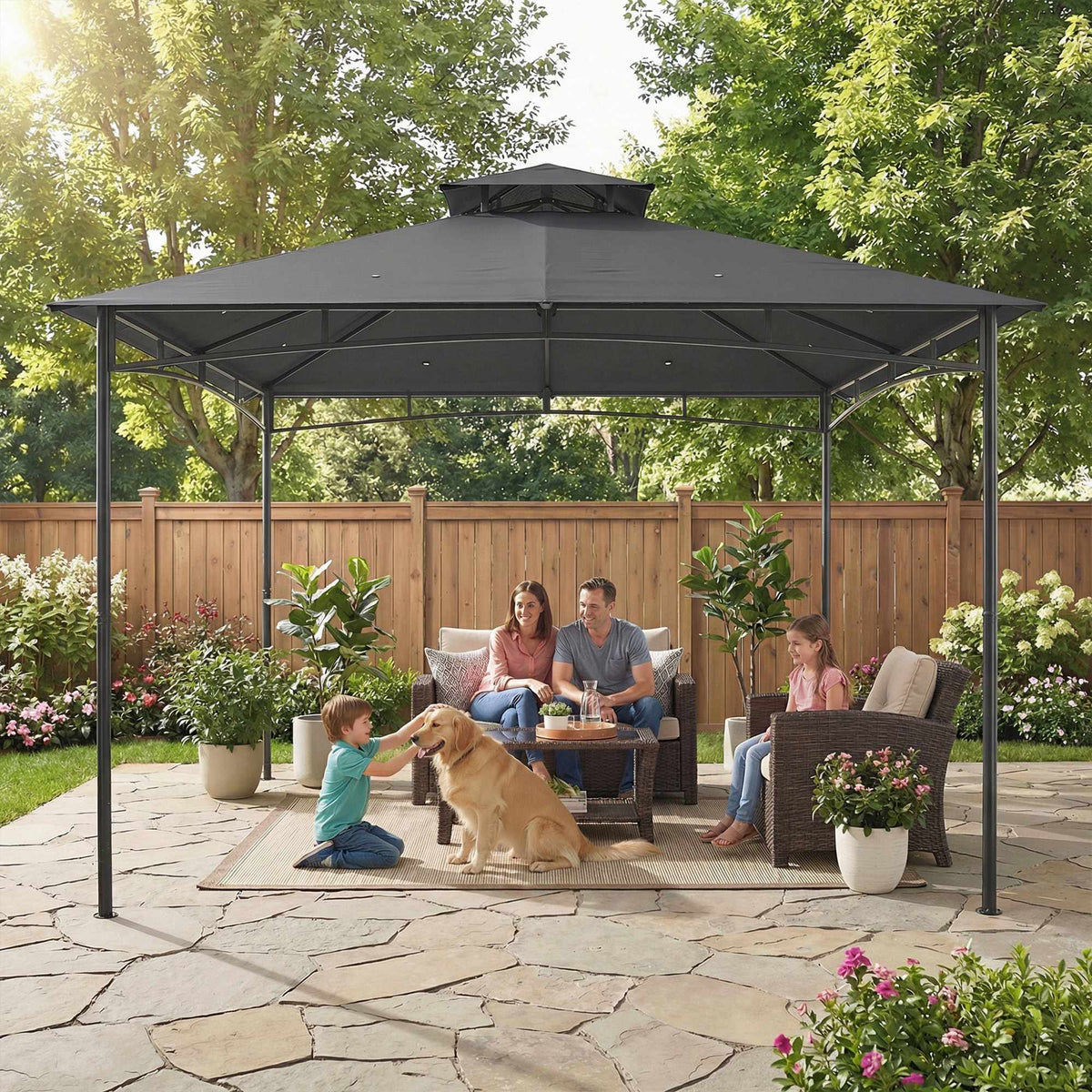 3x3m Garden Pavilion, Water-Resistant, Double Roof, Dark Grey