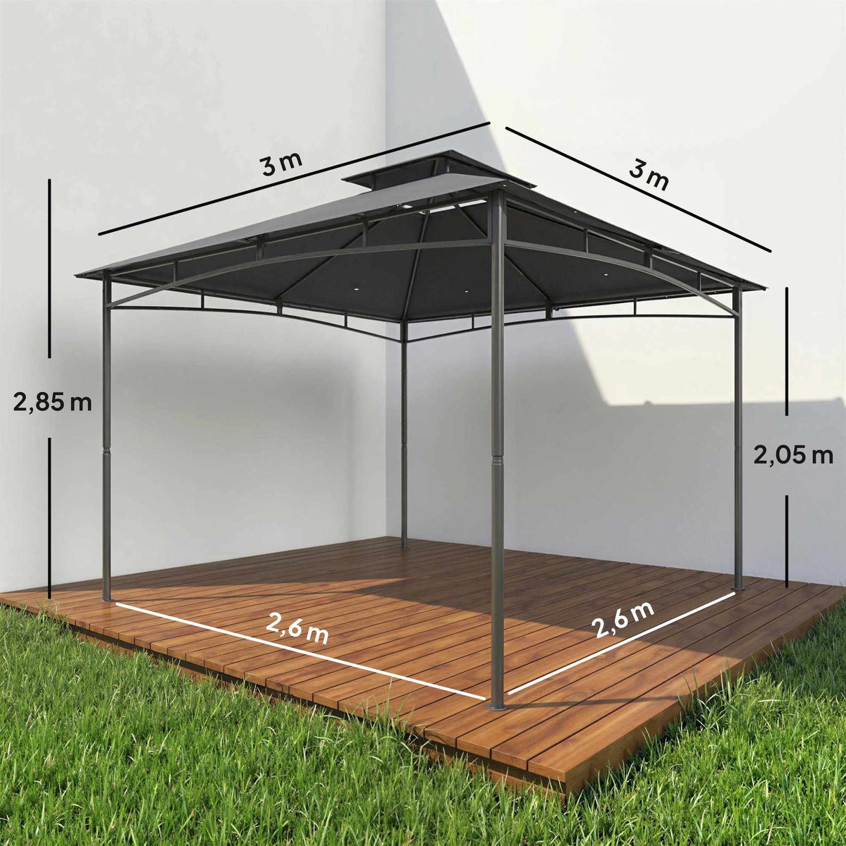 3x3m Garden Pavilion, Water-Resistant, Double Roof, Dark Grey