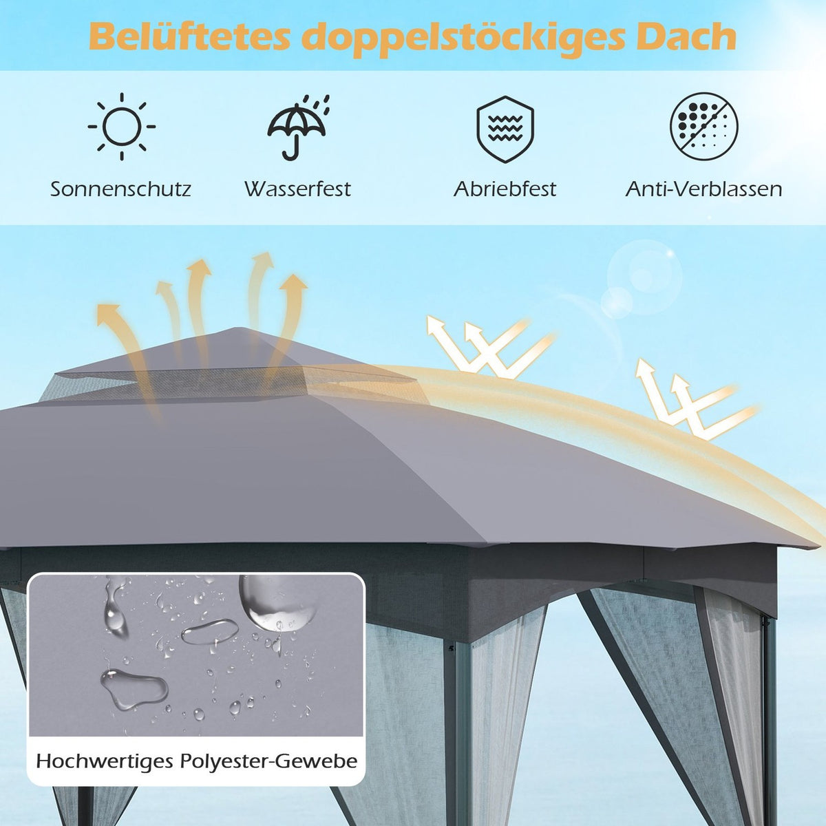 3x3 m Gazebo with Mosquito Net, Double Roof, Grey