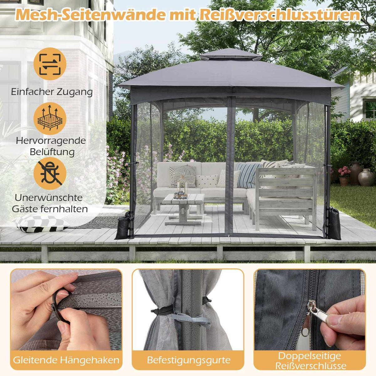 3x3 m Gazebo with Mosquito Net, Double Roof, Grey