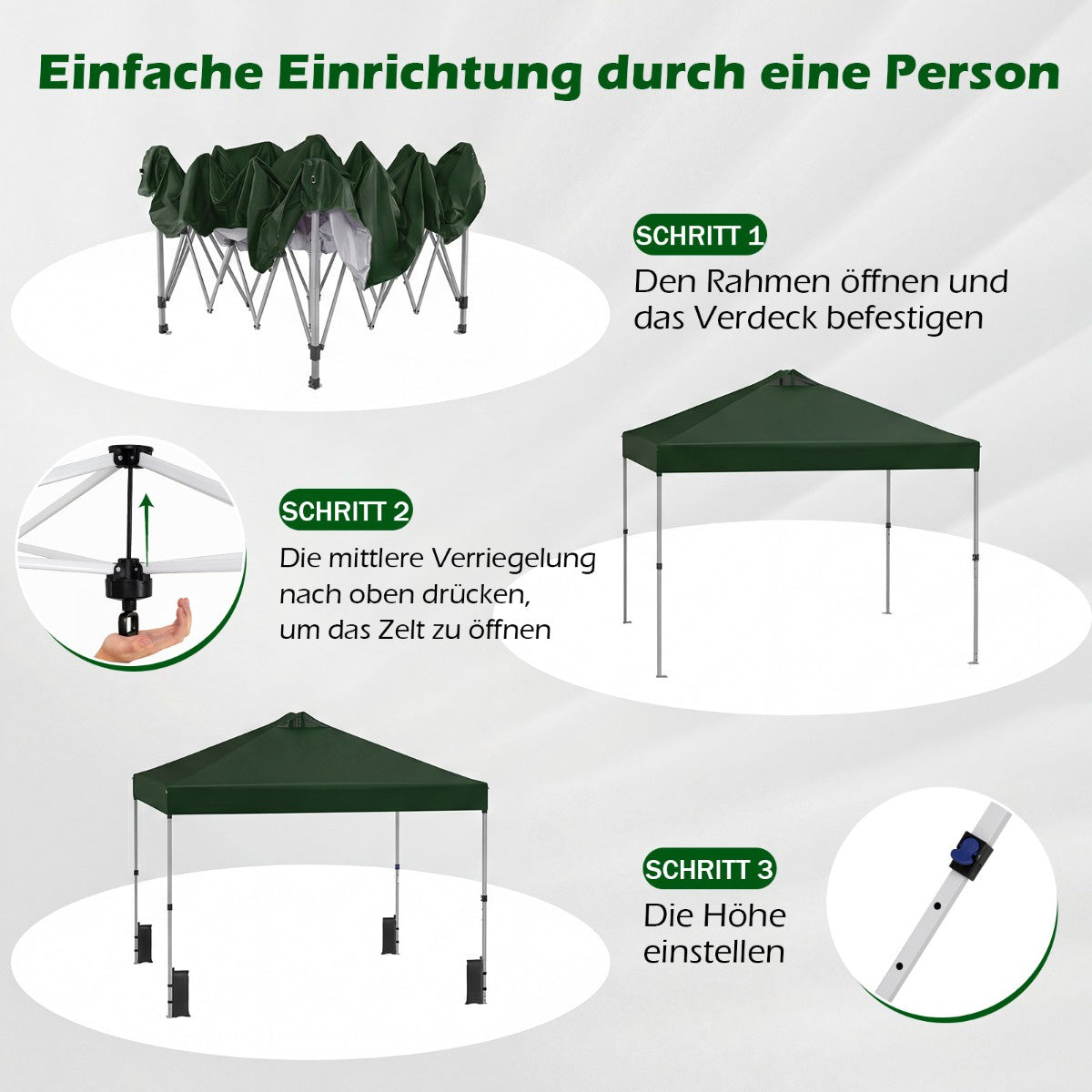 3 x 3 m Green Pop-Up Pavilion with Sandbags & Stakes