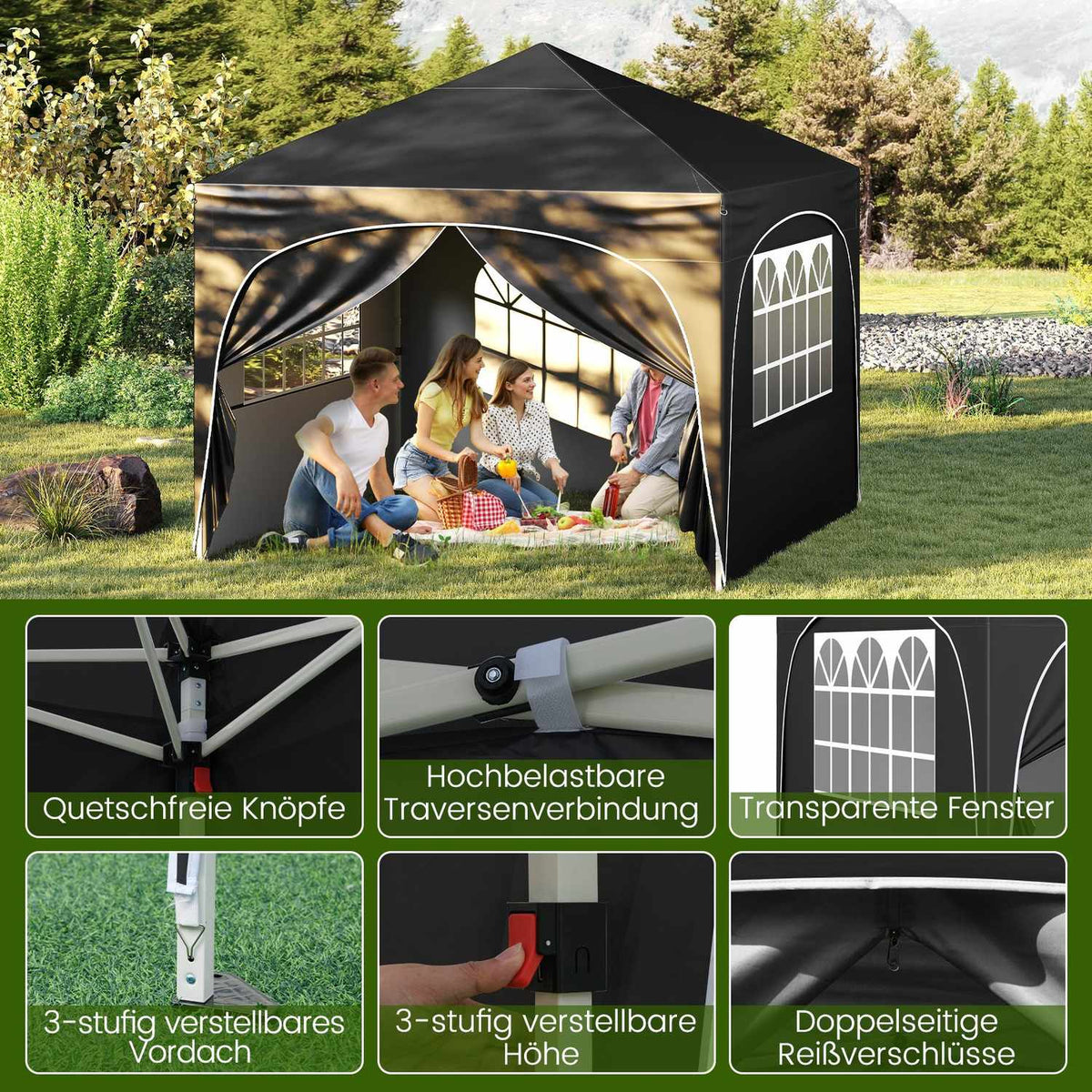 3x3 m Pop-Up Gazebo with 4 Removable Walls, Black