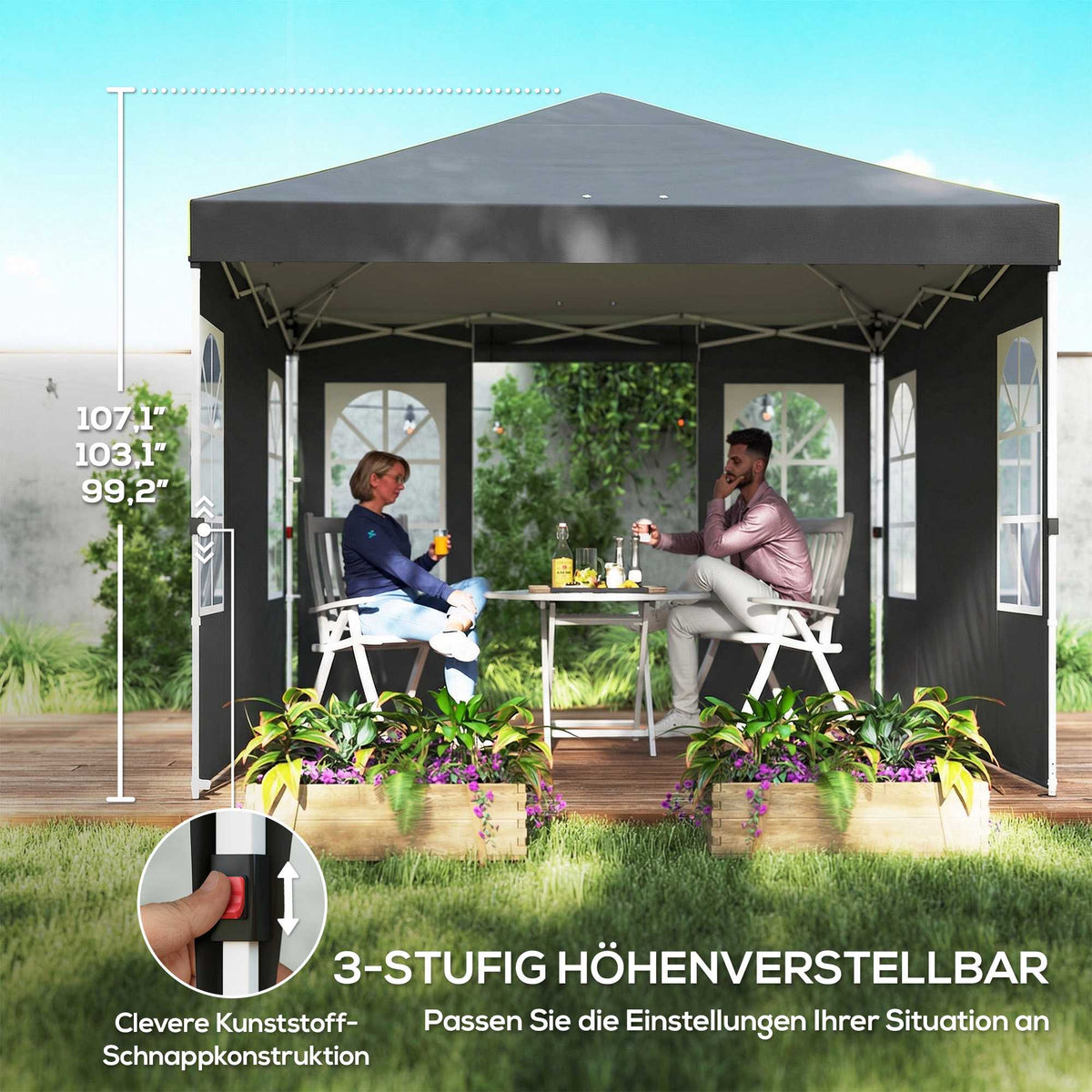 3x3m Pop-Up Pavilion, UPF 50+ Oxford Fabric, Dark Grey