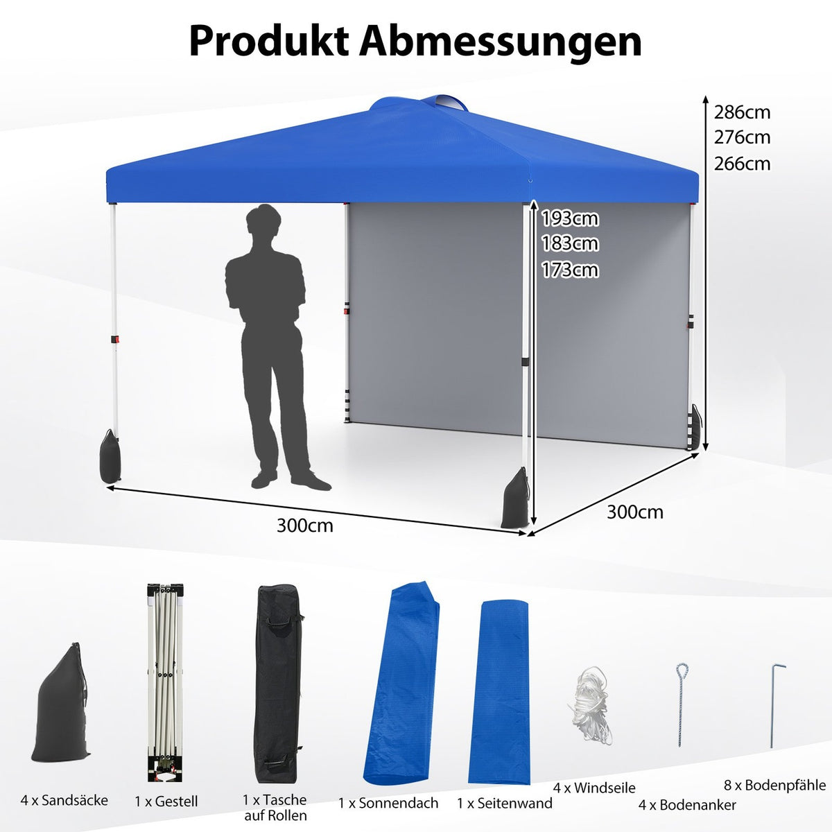 3 x 3 m Pop-Up Pavilion with Sidewall, Portable, Blue