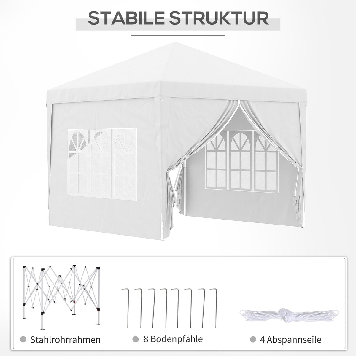 3x3m gazebo with 4 side walls & windows, UV protection, including carrying bag, steel & Oxford fabric, white