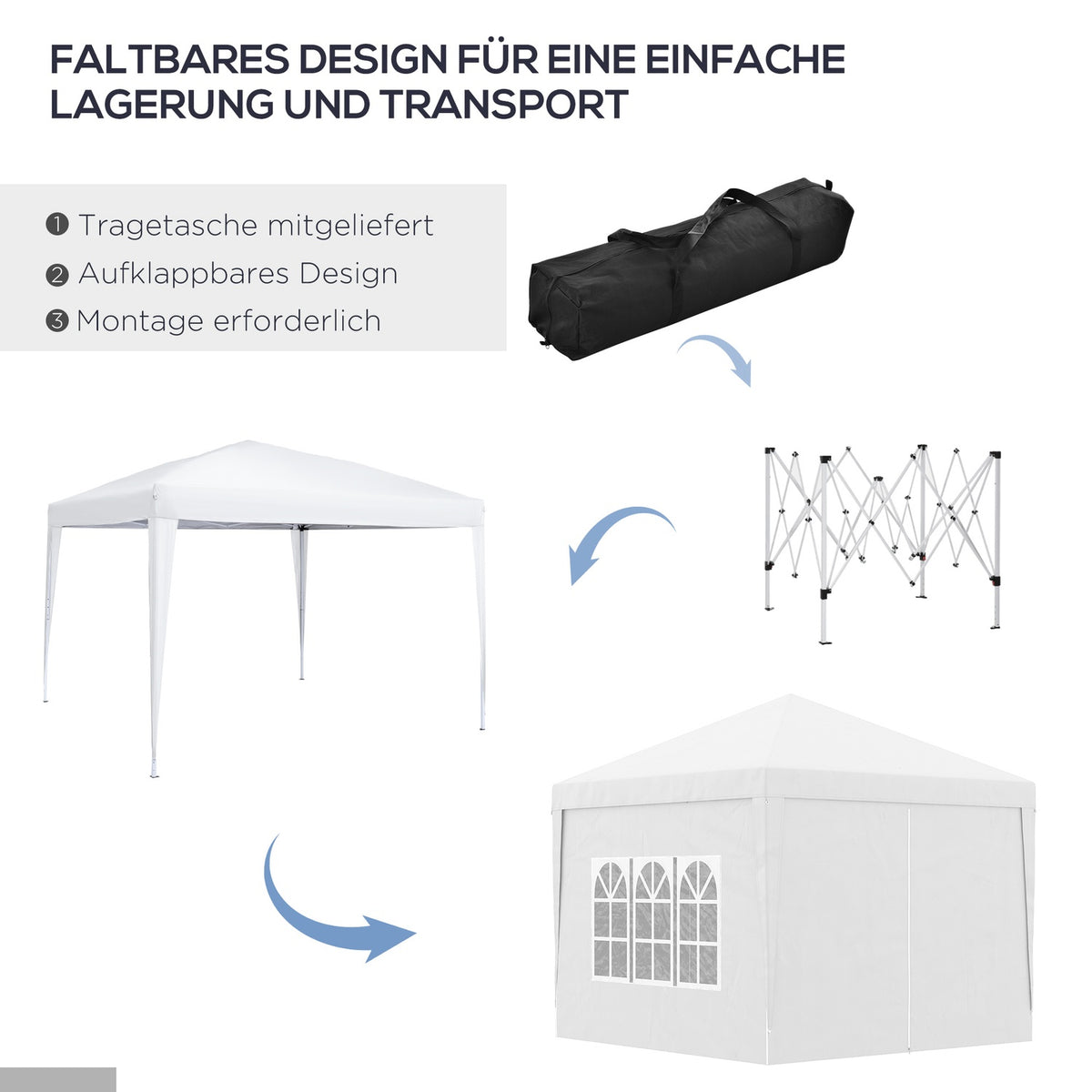 3x3m gazebo with 4 side walls & windows, UV protection, including carrying bag, steel & Oxford fabric, white