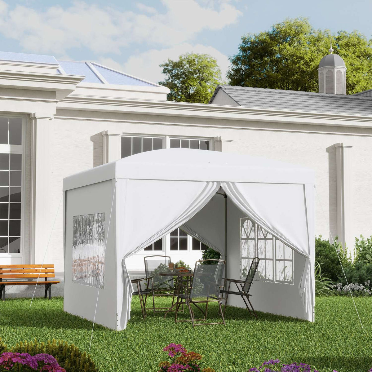 3x3m gazebo with 4 side walls & windows, UV protection, including carrying bag, steel & Oxford fabric, white