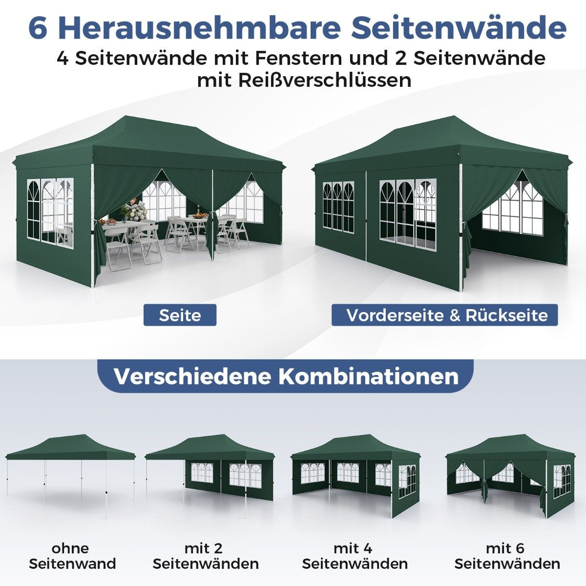 3x6m Green Pop-Up Canopy Tent with 6 Removable Walls