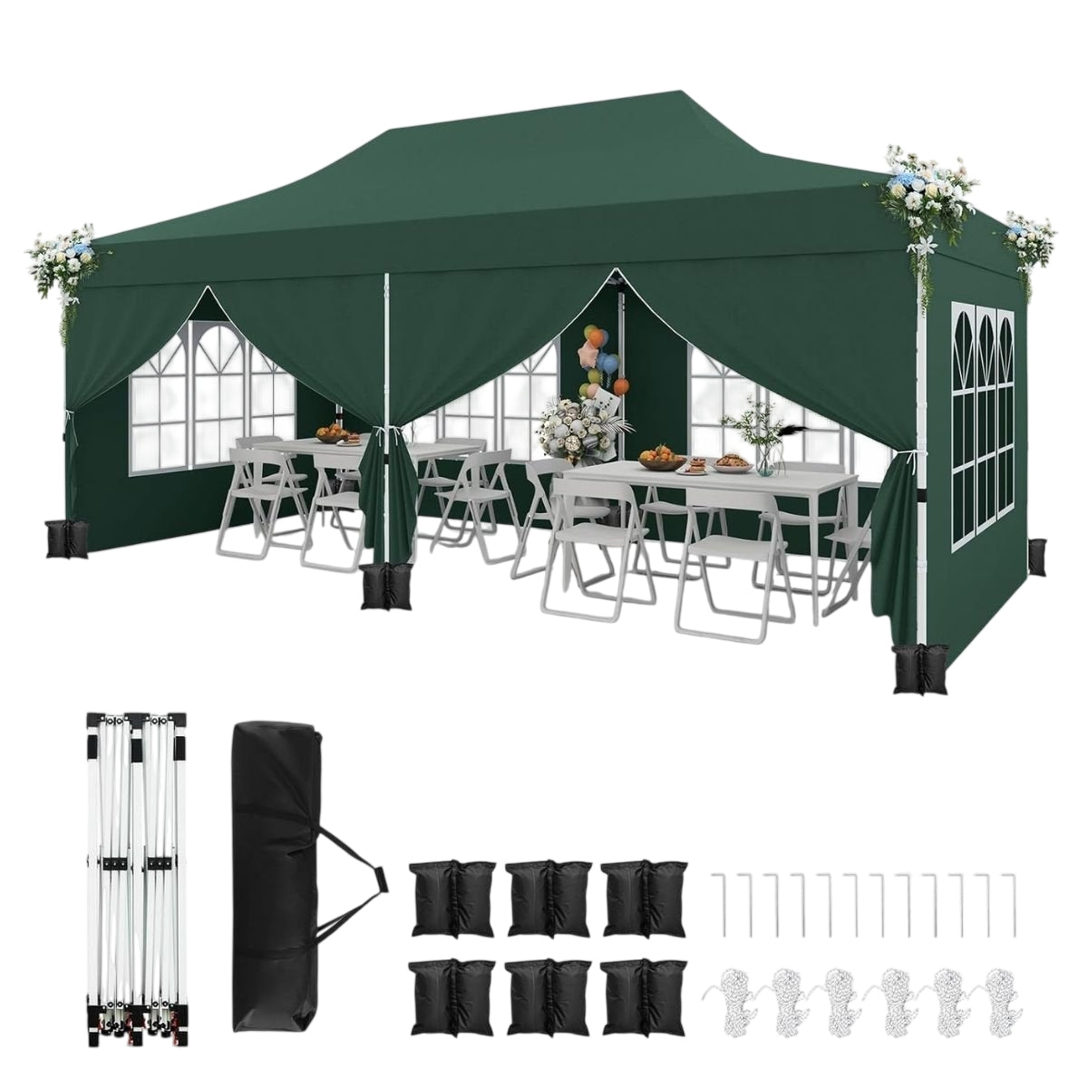 3x6m Green Pop-Up Canopy Tent with 6 Removable Walls