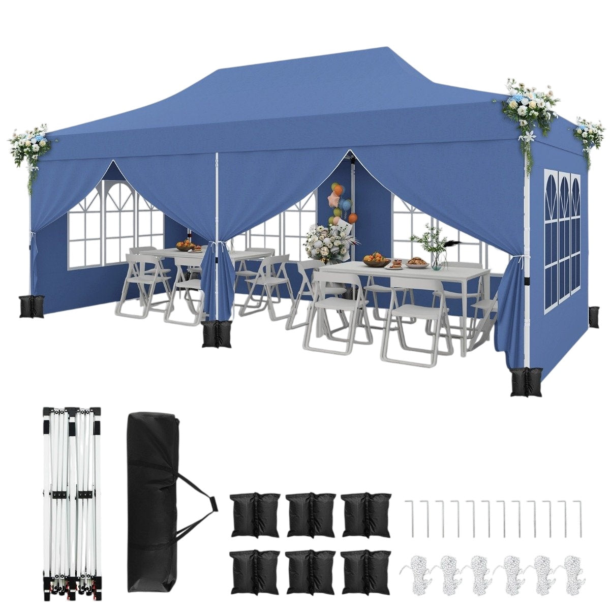 3x6m Pop-Up Canopy Tent with 6 Sidewalls & Sandbags