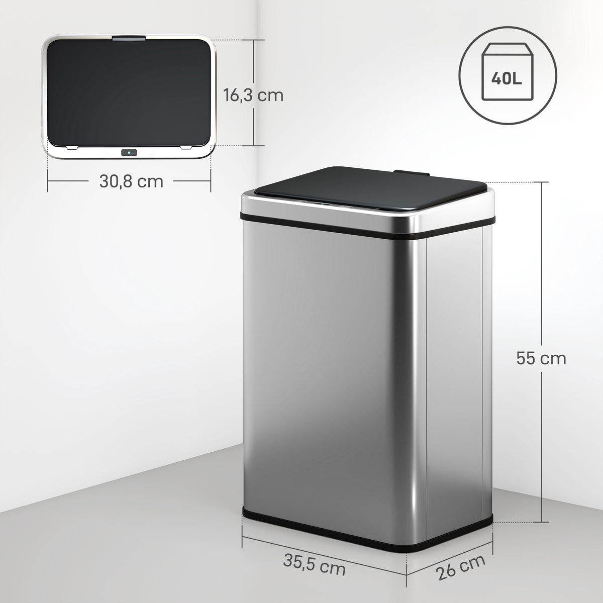 40L Touchless Sensor Trash Can, Stainless Steel