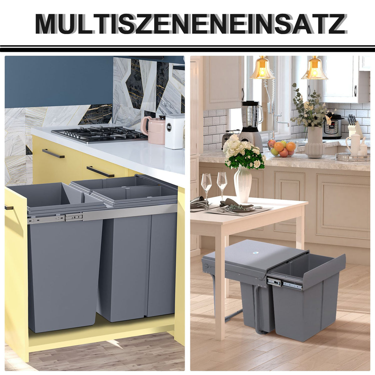 40L built-in waste bin, base cabinet, pull-out waste collector with 3 removable compartments 1 x 20 & 2 x 10 L, for cupboards from 400 mm wide, for kitchen, gray