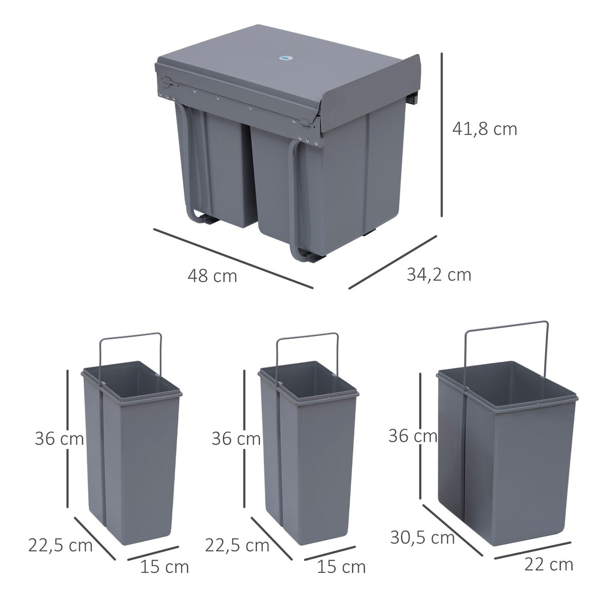 40L built-in waste bin, base cabinet, pull-out waste collector with 3 removable compartments 1 x 20 & 2 x 10 L, for cupboards from 400 mm wide, for kitchen, gray