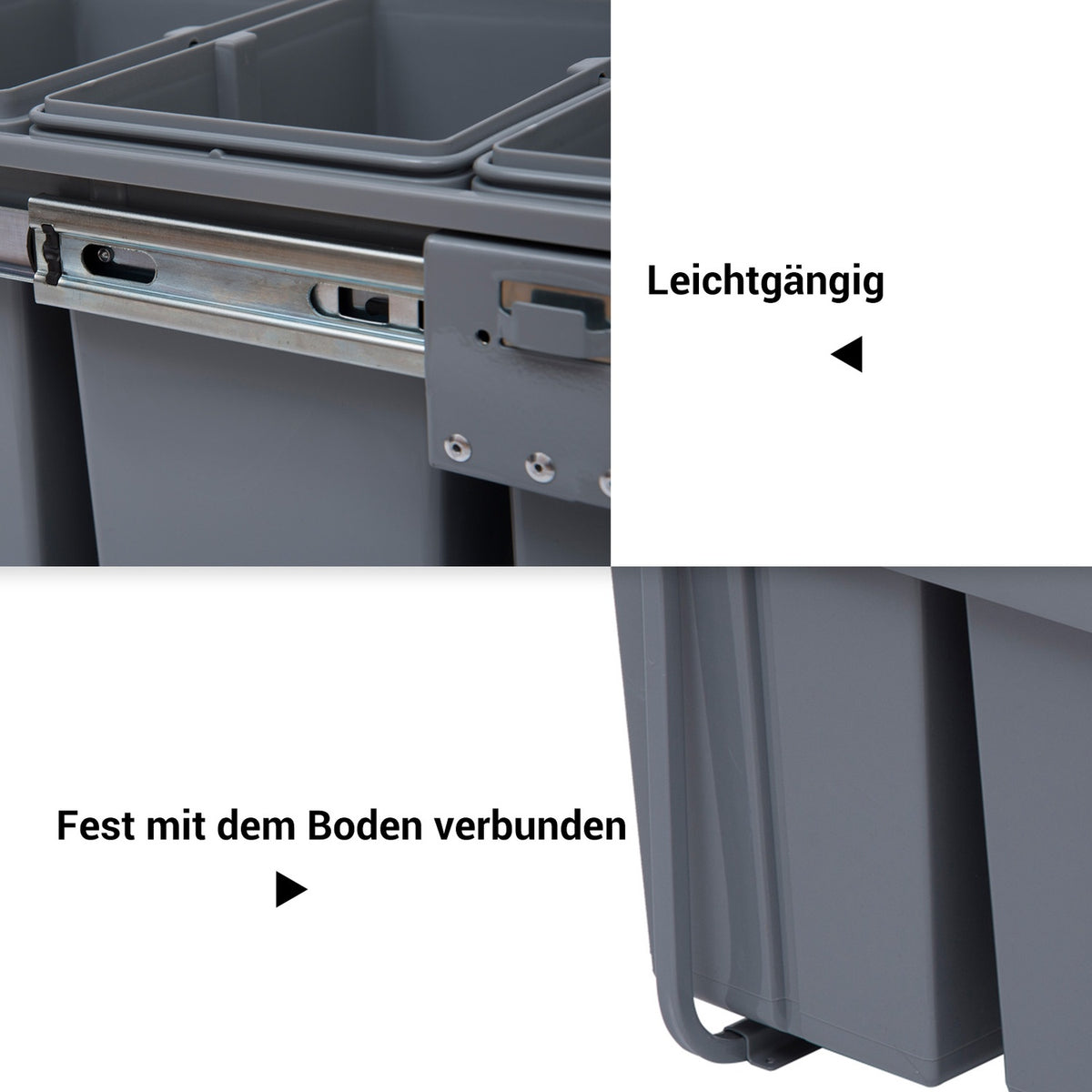 40L built-in waste bin, base cabinet, pull-out waste collector with 3 removable compartments 1 x 20 & 2 x 10 L, for cupboards from 400 mm wide, for kitchen, gray