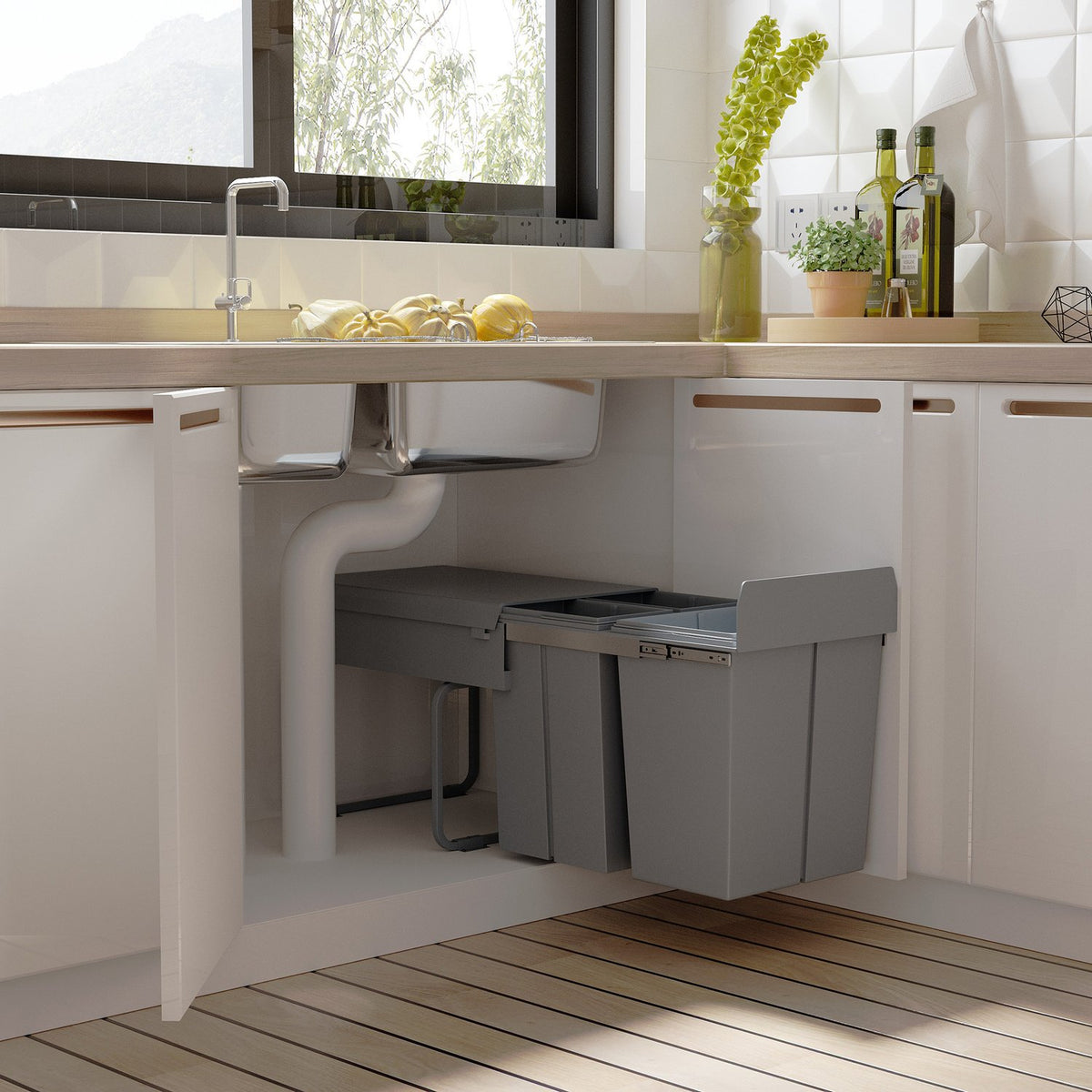 40L built-in waste bin, base cabinet, pull-out waste collector with 3 removable compartments 1 x 20 & 2 x 10 L, for cupboards from 400 mm wide, for kitchen, gray