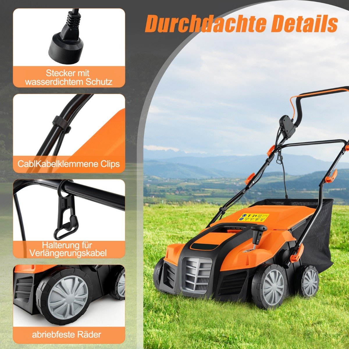 41cm Electric Scarifier &amp; Lawn aerator 15A 2-in-1 lawn scarifier with 3-position height adjustment orange