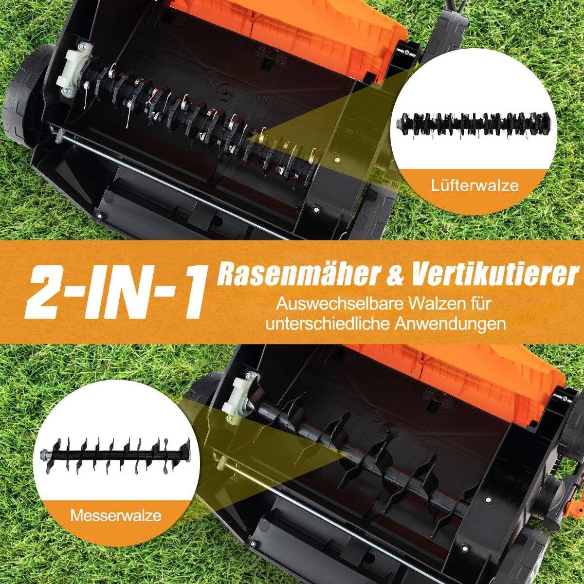 41cm Electric Scarifier &amp; Lawn aerator 15A 2-in-1 lawn scarifier with 3-position height adjustment orange