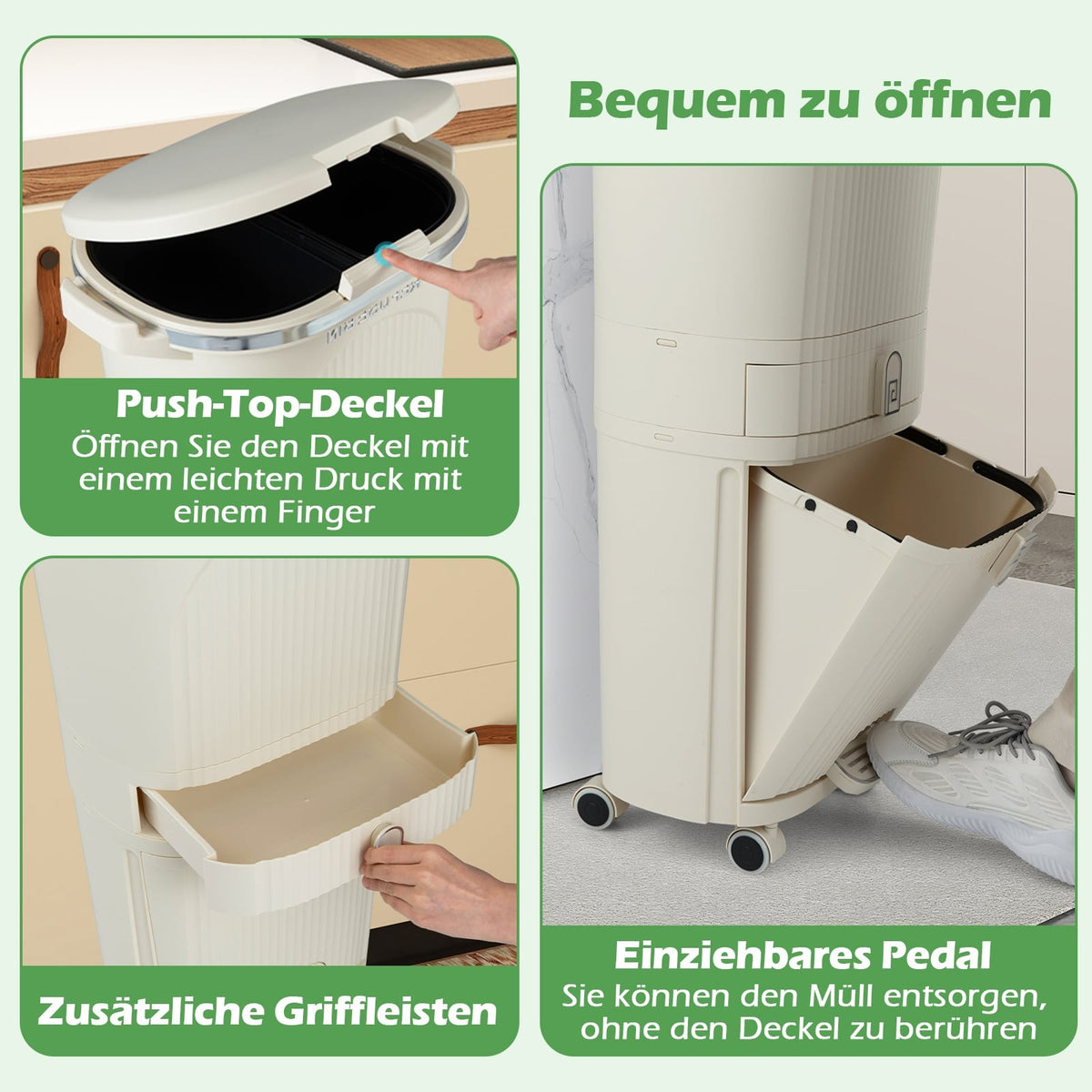 42L Kitchen Trash Bin with Lid, 3 Compartments, Wheels