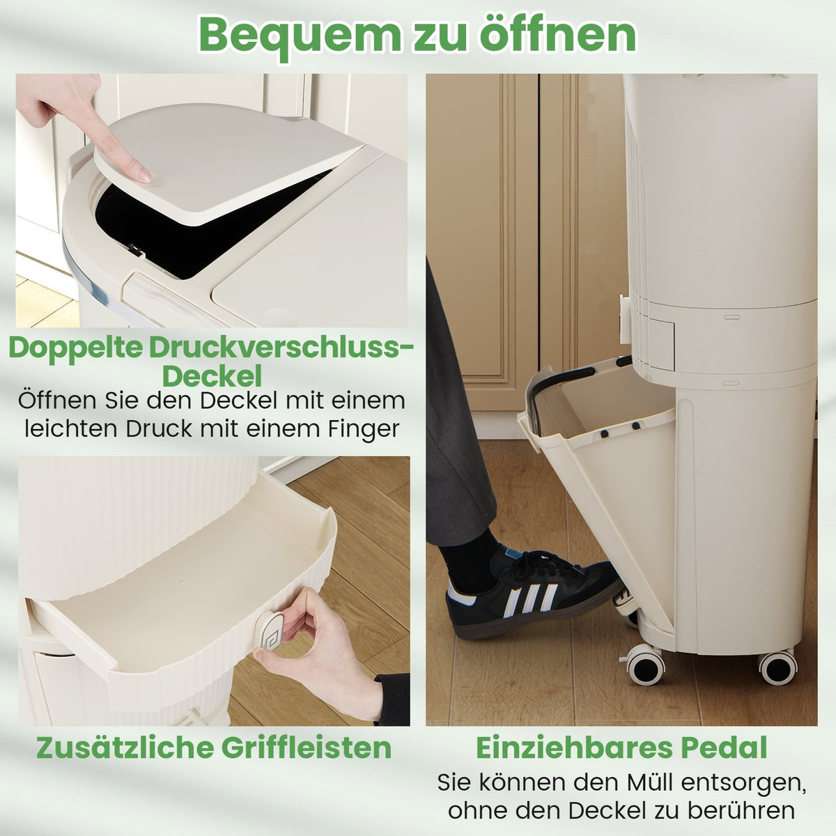 42L Kitchen Trash Bin with Lid, 3-Tier Sorter, Beige