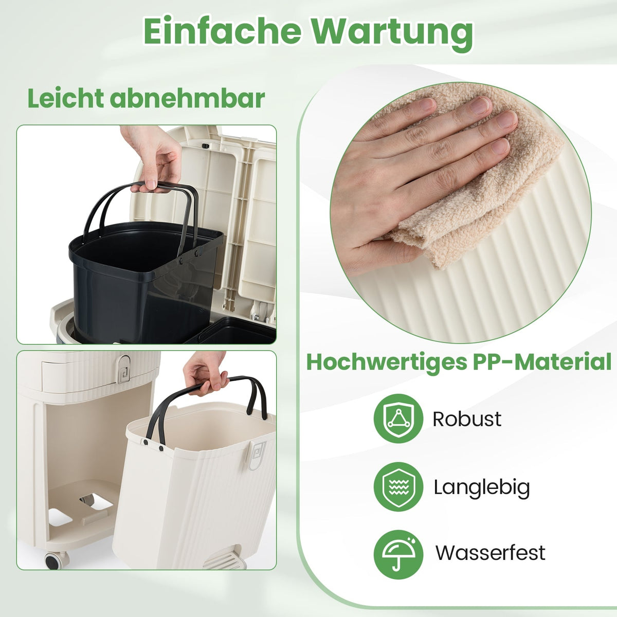 42L Kitchen Trash Bin with Lid, 3-Tier Sorter, Beige